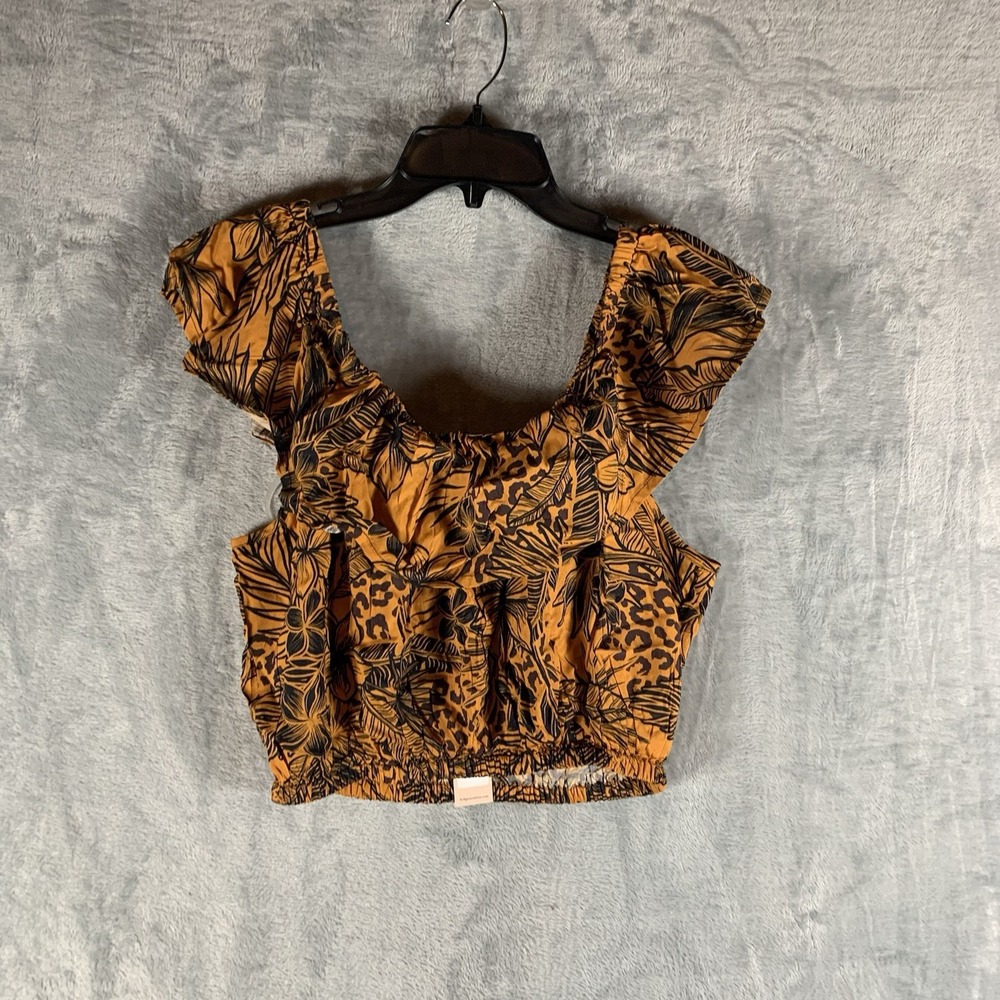 BCBGeneration Womens Top M Cropped Ruffle Hawaiian Animal Goldenrod Black Orange